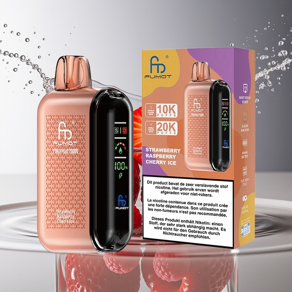Fumot Tornado 20000 Puffs Aardbei Framboos Kers Ijs Dual Mesh 20ml Smart Display