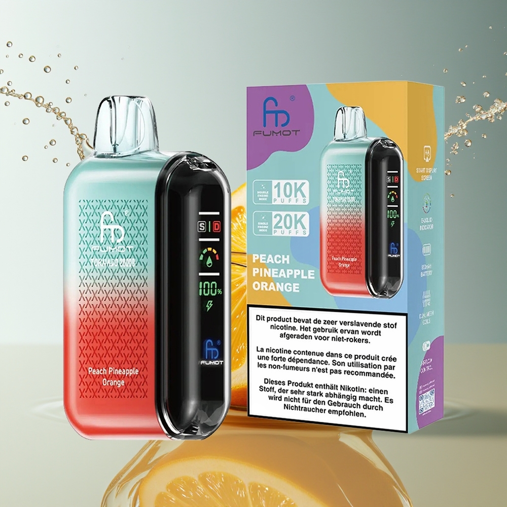 Fumot Tornado 20000 Puffs Perzik Ananas Sinaasappel Dual Mesh Coil Smart Display