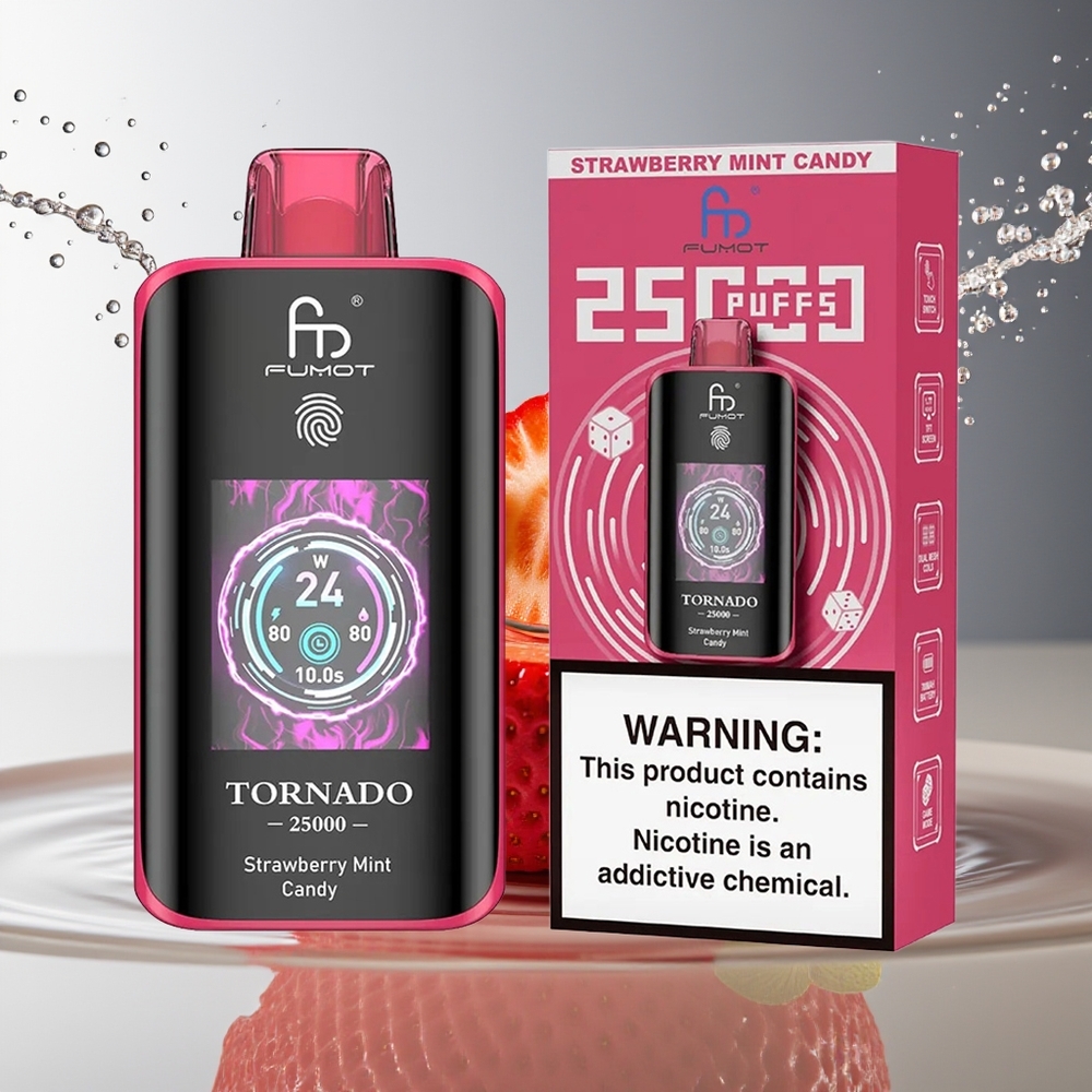 Fumot Tornado 25000 Puffs Aardbei Munt Snoep HD Scherm 700mAh 20ml Type-C