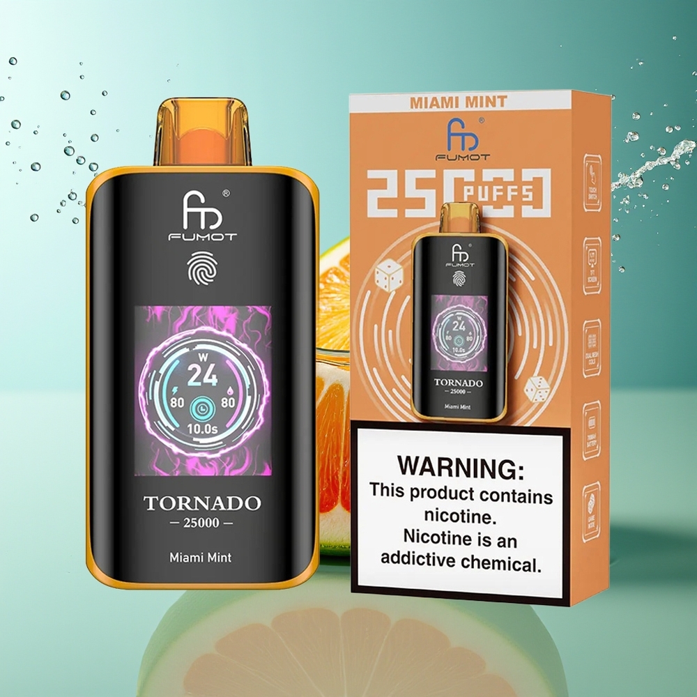 Fumot Tornado 25000 Puffs Miami Munt HD Scherm 700mAh Oplaadbaar Type-C