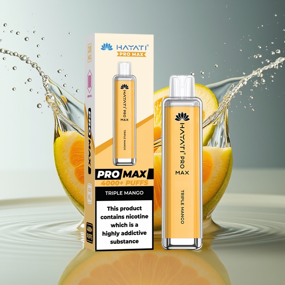 Hayati Pro Max 4000 Puffs Wegwerp Vape Drievoudige Mango TPD-Compliant Rechargeable LED