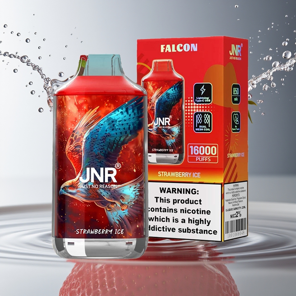 JNR Falcon 16000 Puffs 850mAh 22ml Dual Mesh Aardbei IJs Type C LED 0% 2%