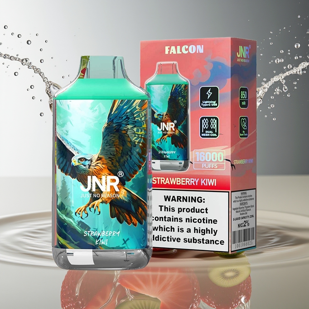JNR Falcon 16000 Puffs Dubbele Mesh Coil Aardbei Kiwi 850mAh Type C 22ml LED 0%2%