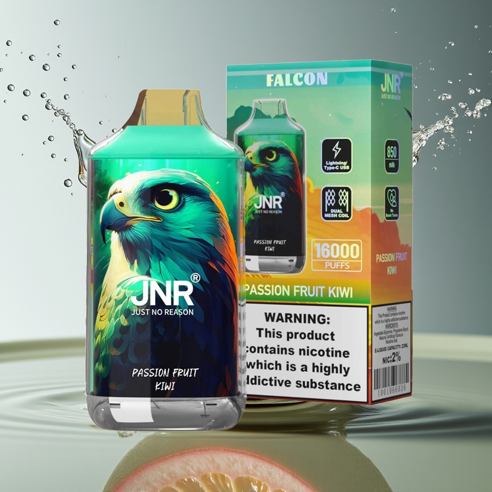 JNR Falcon 16000 Puffs Wegwerp Vape Passievrucht Kiwi 850mAh 22ml Dual Mesh Coil Type C LED 0%2%