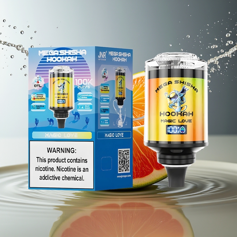 JNR Mega Shisha Hookah 100K 70mm 60ml 2200mAh Type-C Scherm Luchtstroom 2% Nic Magische Liefde