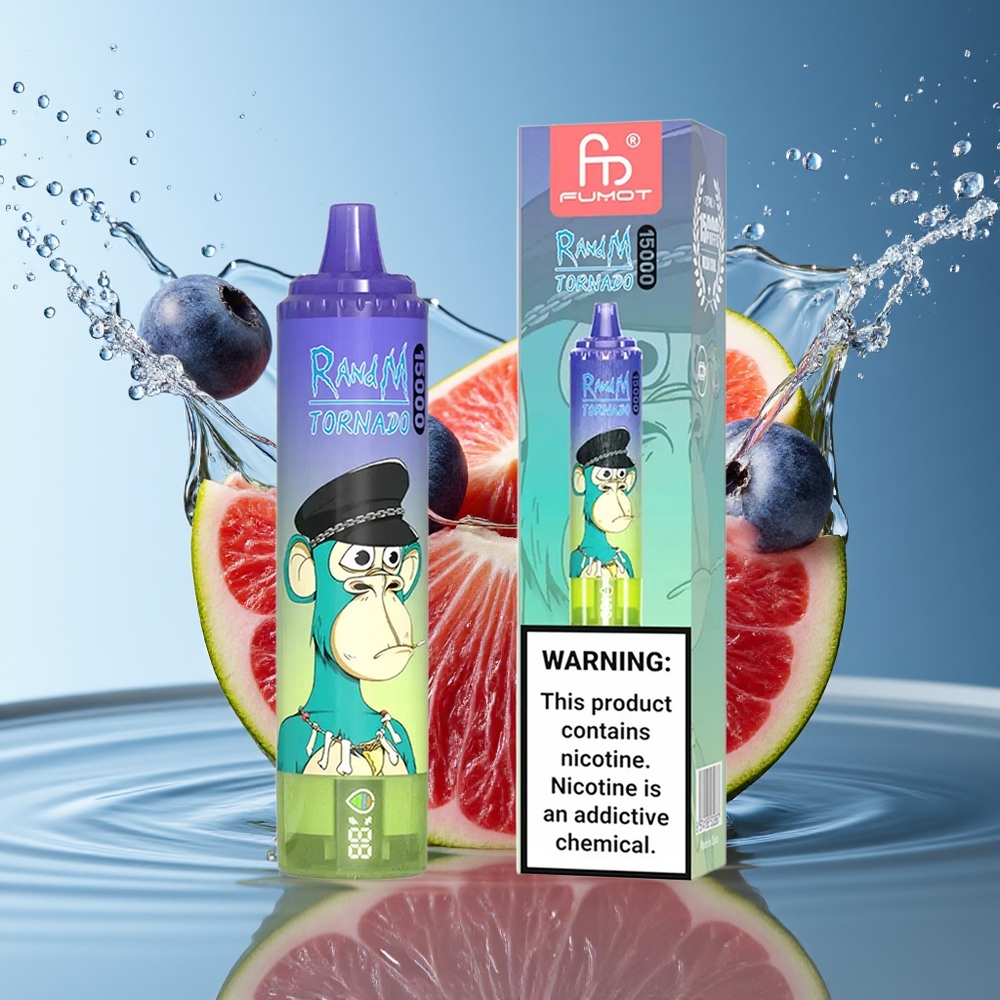RandM Fumot Tornado 15000 Puffs Blauwe Bes Bubble Gum LCD Mesh Coil Type-C