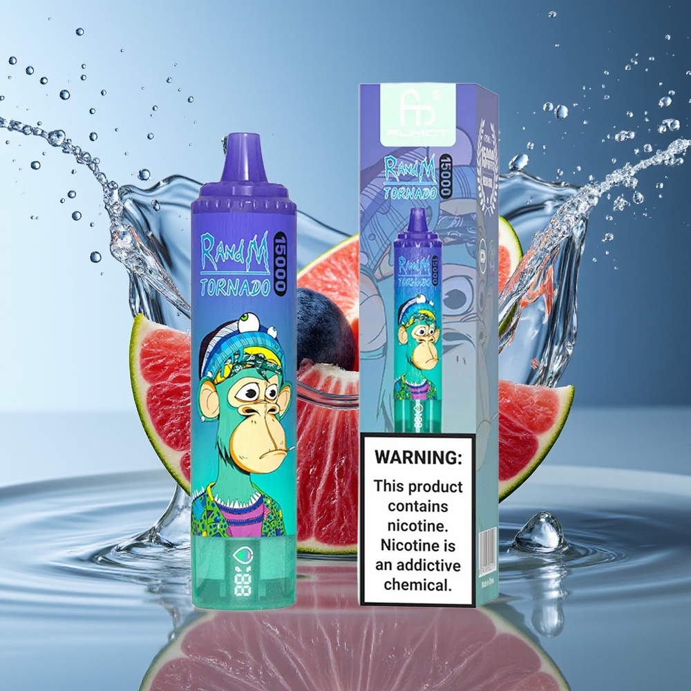 RandM Fumot Tornado 15000 Puffs Blauwe Bes Op IJs LCD Type-C Oplaadbaar Mesh Coil