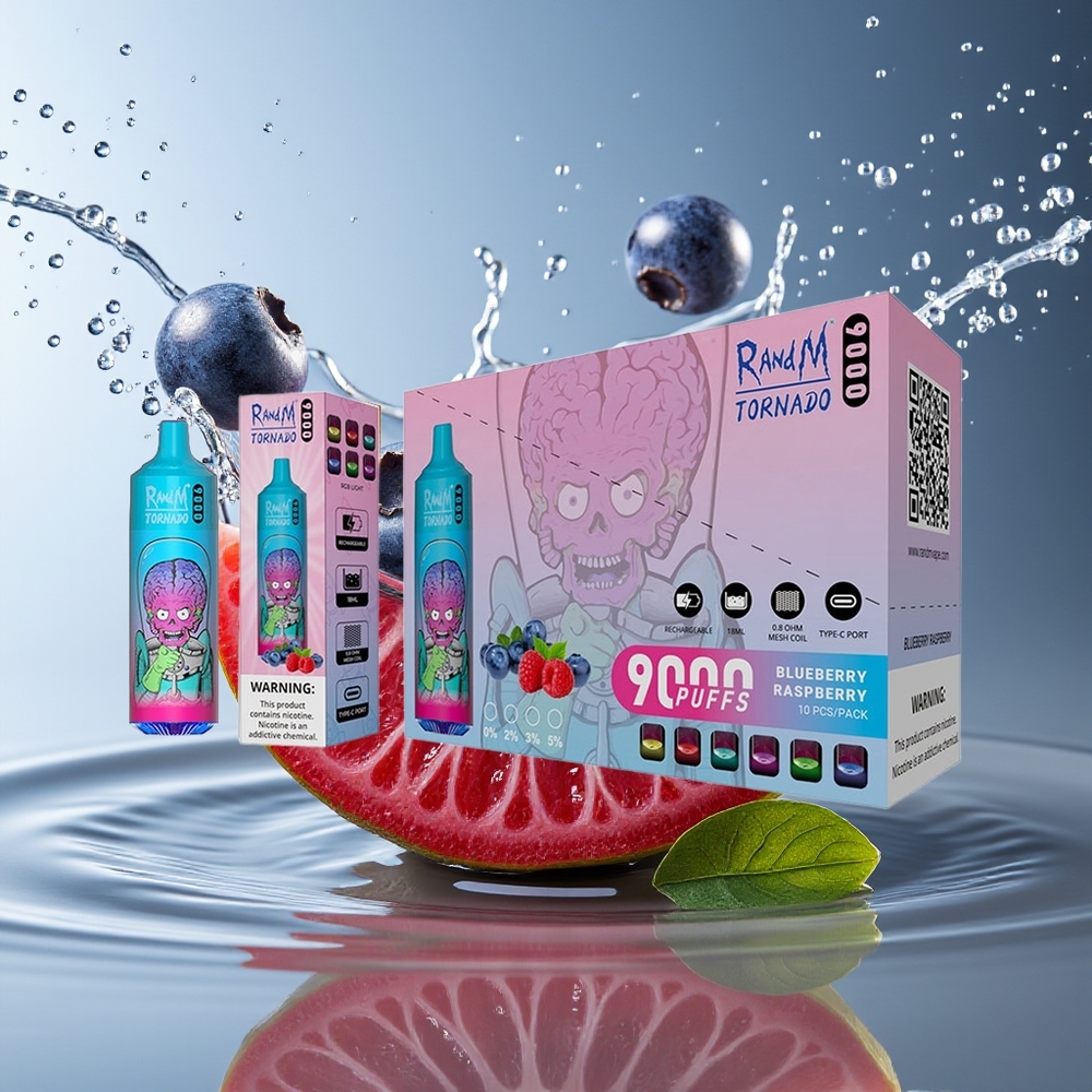 RandM Tornado 9000 Puffs 18 mL Blauwe Bes Framboos Oplaadbaar Mesh Coil RGB Display
