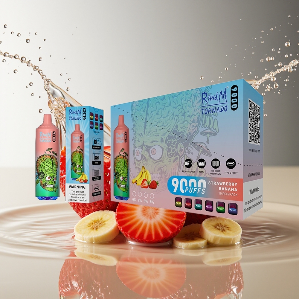 RandM Tornado 9000 Puffs Aardbei Banaan 18mL Mesh Coil RGB Display