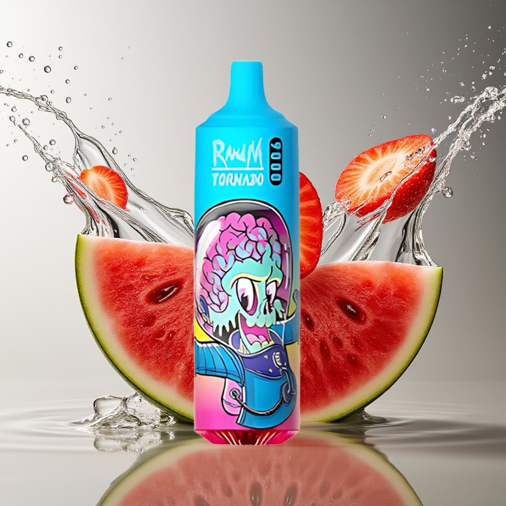 RandM Tornado 9000 Puffs Aardbei Watermeloen Mesh Coil RGB Display 18mL 850mAh