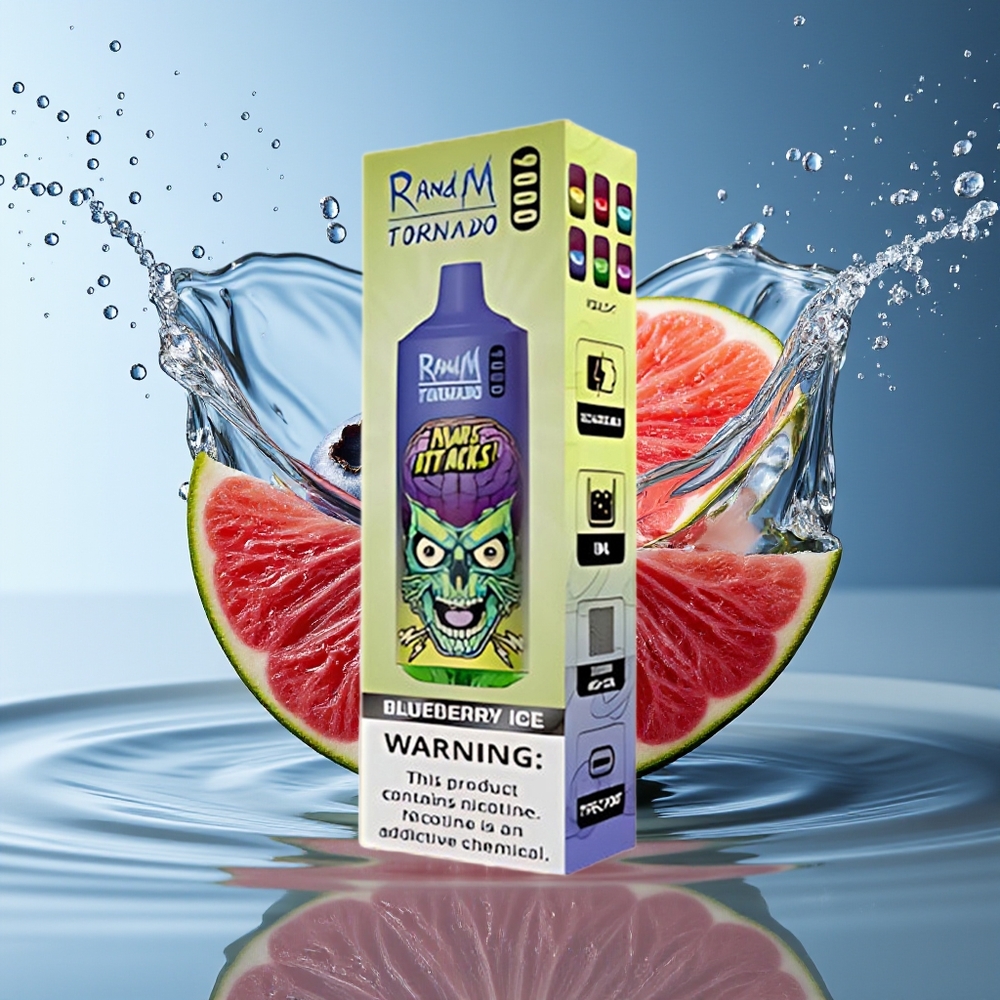 RandM Tornado 9000 Puffs Blauwe Bes Ijs Mesh Coil RGB Display 18mL 850mAh