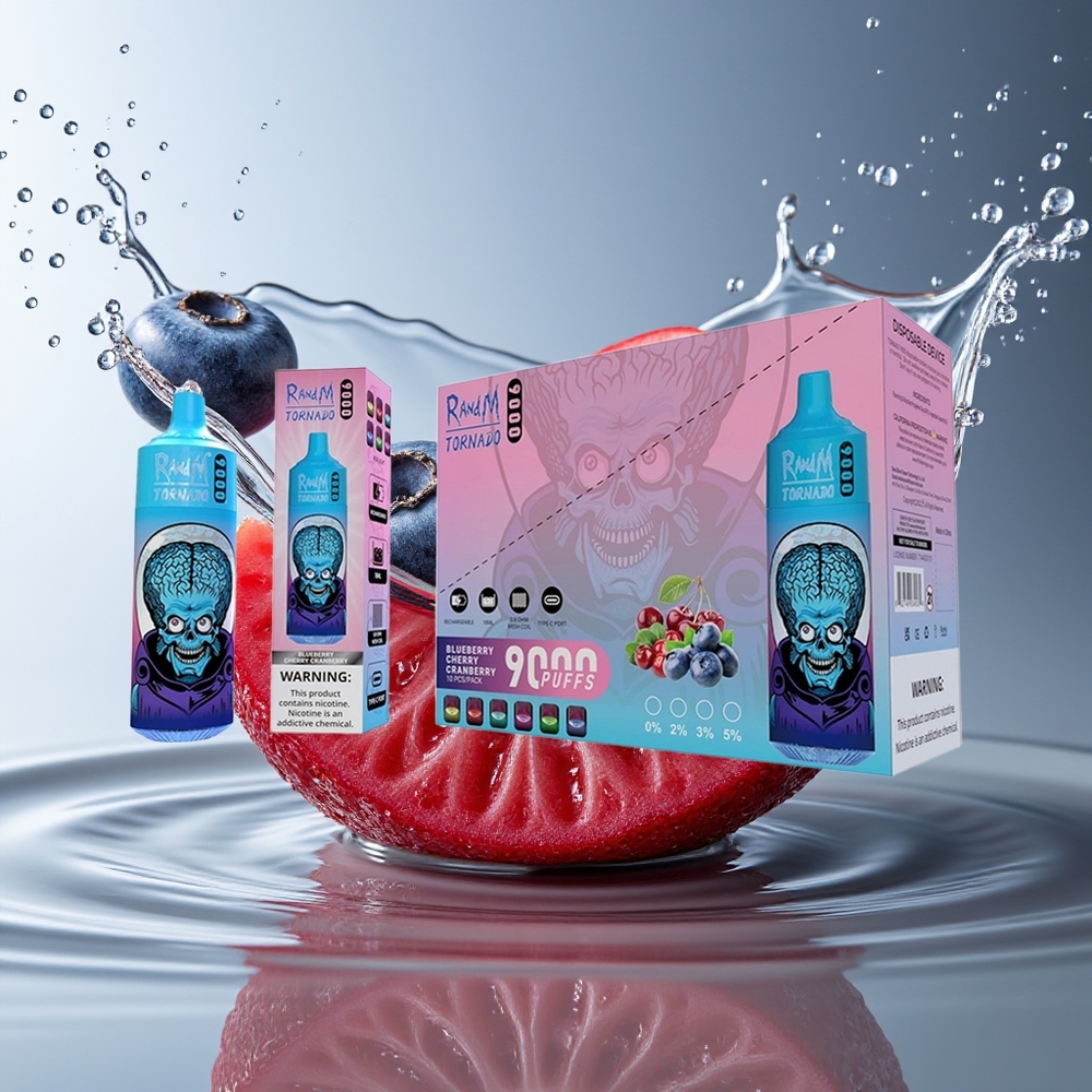 RandM Tornado 9000 Puffs Blauwe Bes Kers Veenbes Oplaadbaar Mesh Display 54 Smaken