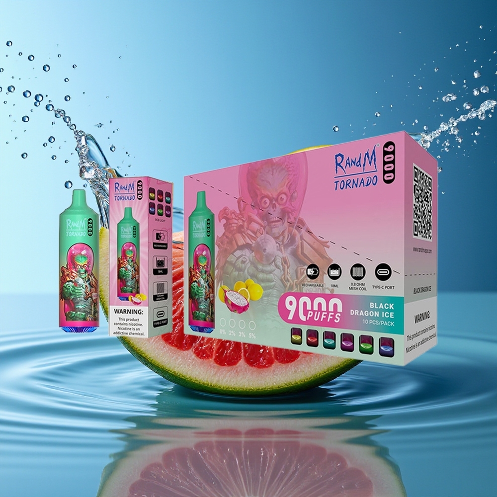 RandM Tornado 9000 Puffs Blauwe Razz Kush Mesh Coil RGB Display 18mL 850mAh