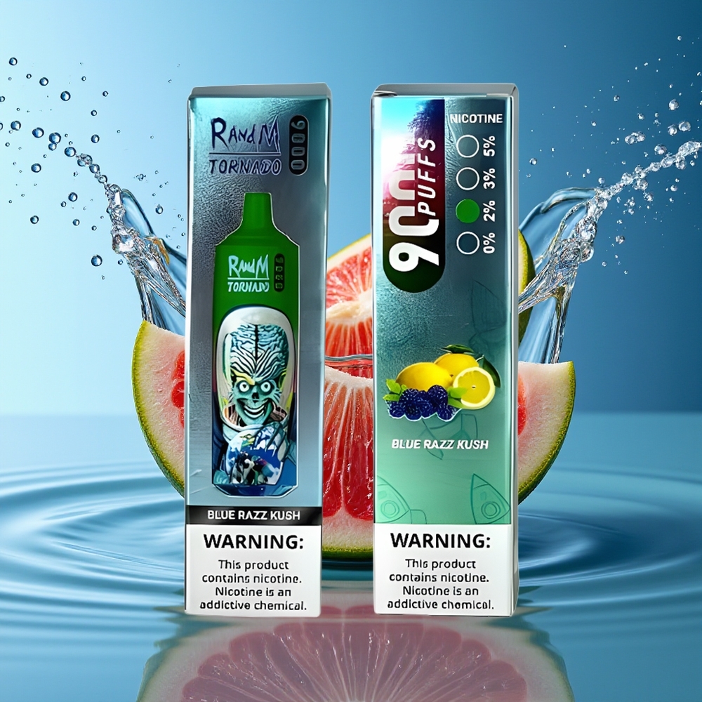 RandM Tornado 9000 Puffs Blauwe Razz Kush Mesh Coil RGB Display 18mL 850mAh