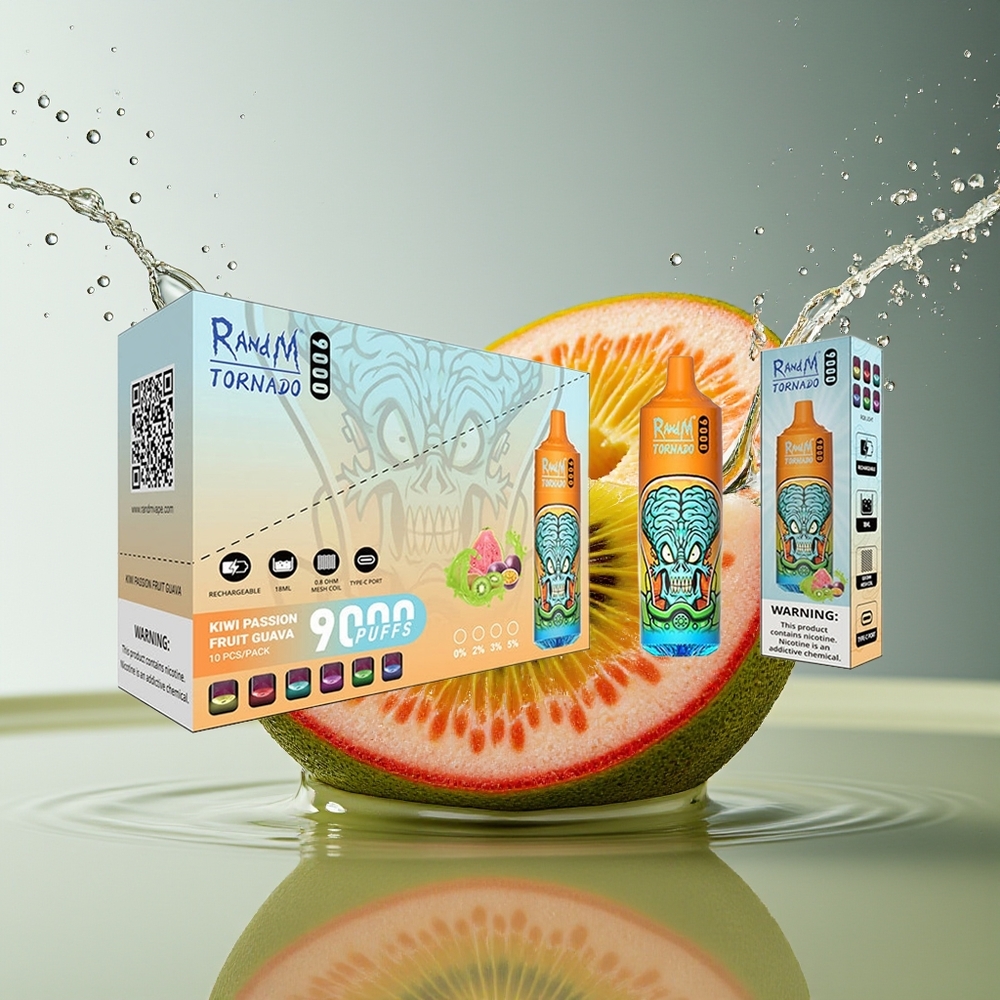 RandM Tornado 9000 Puffs Kiwi Passievrucht Guave Mesh Coil RGB Display 18mL 850mAh