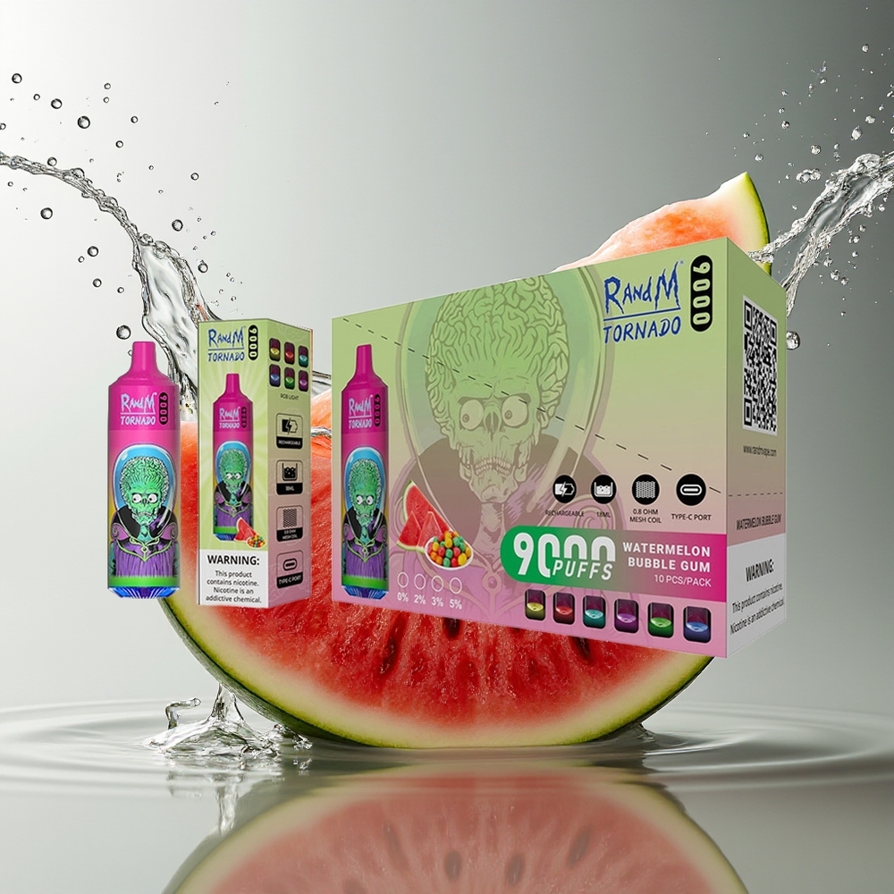RandM Tornado 9000 Puffs Watermeloen Bubble Gum Mesh Coil RGB Display 18mL 850mAh