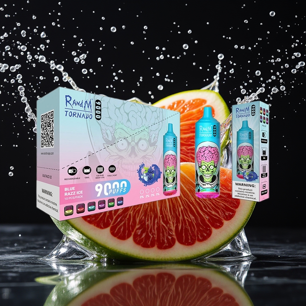 RandM Tornado 9000 Puffs Zwarte Draak IJs Mesh Coil RGB Display 18mL 850mAh