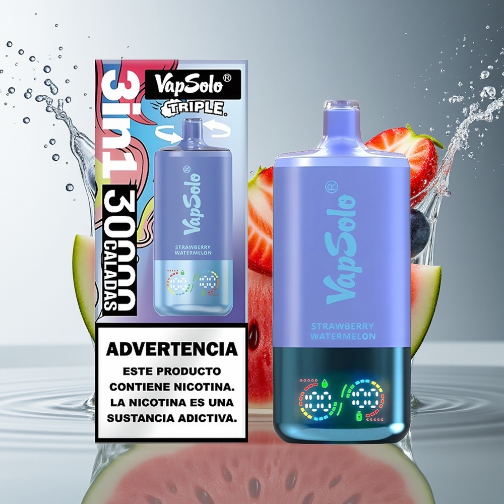 VapSolo Triple 30000 Puffs Aardbei Watermeloen & Blauwe Bes IJs Type-C 40ml 3 Tank