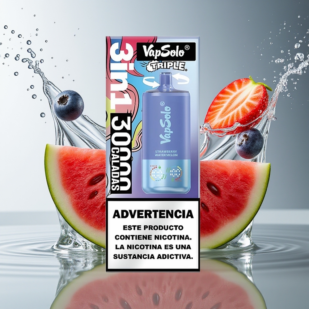 VapSolo Triple 30000 Puffs Aardbei Watermeloen & Blauwe Bes IJs Type-C 40ml 3 Tank